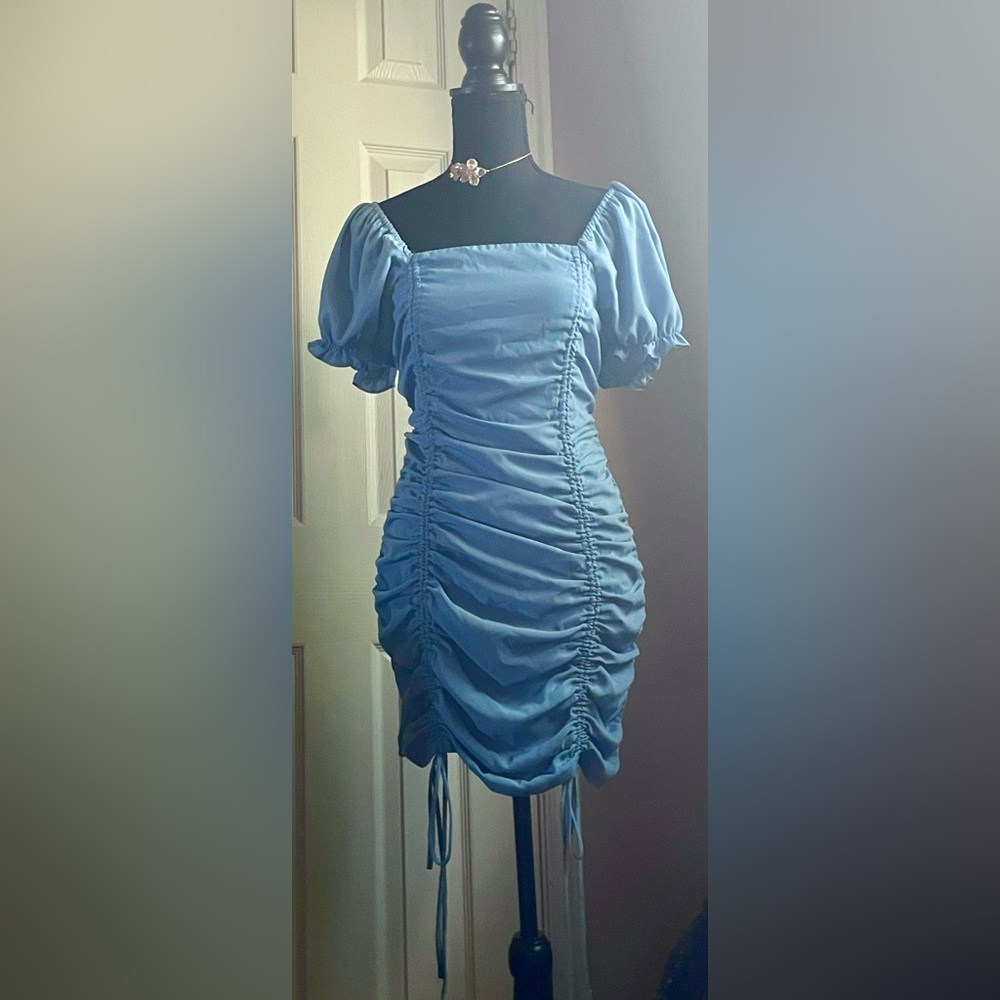 Blue Ruched Puff-Sleeve Mini Dress